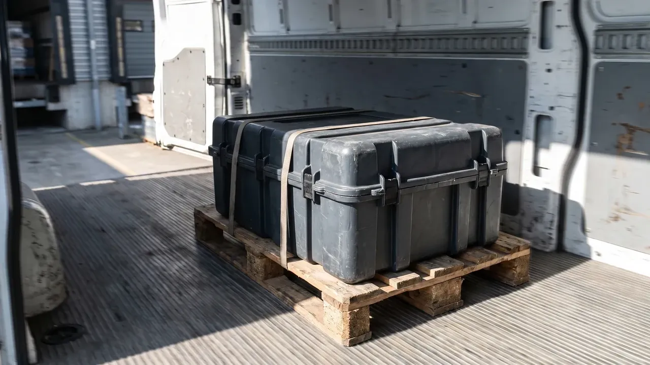 B2B plastic protective case supplier: two dark grey cases strapped to a pallet at a box truck tail, light strapping over the lids