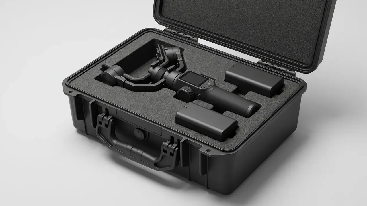 B2B sourcing plastic protective boxes: a black case open, grey foam cut for a gimbal camera and two batteries, black seal along the rim