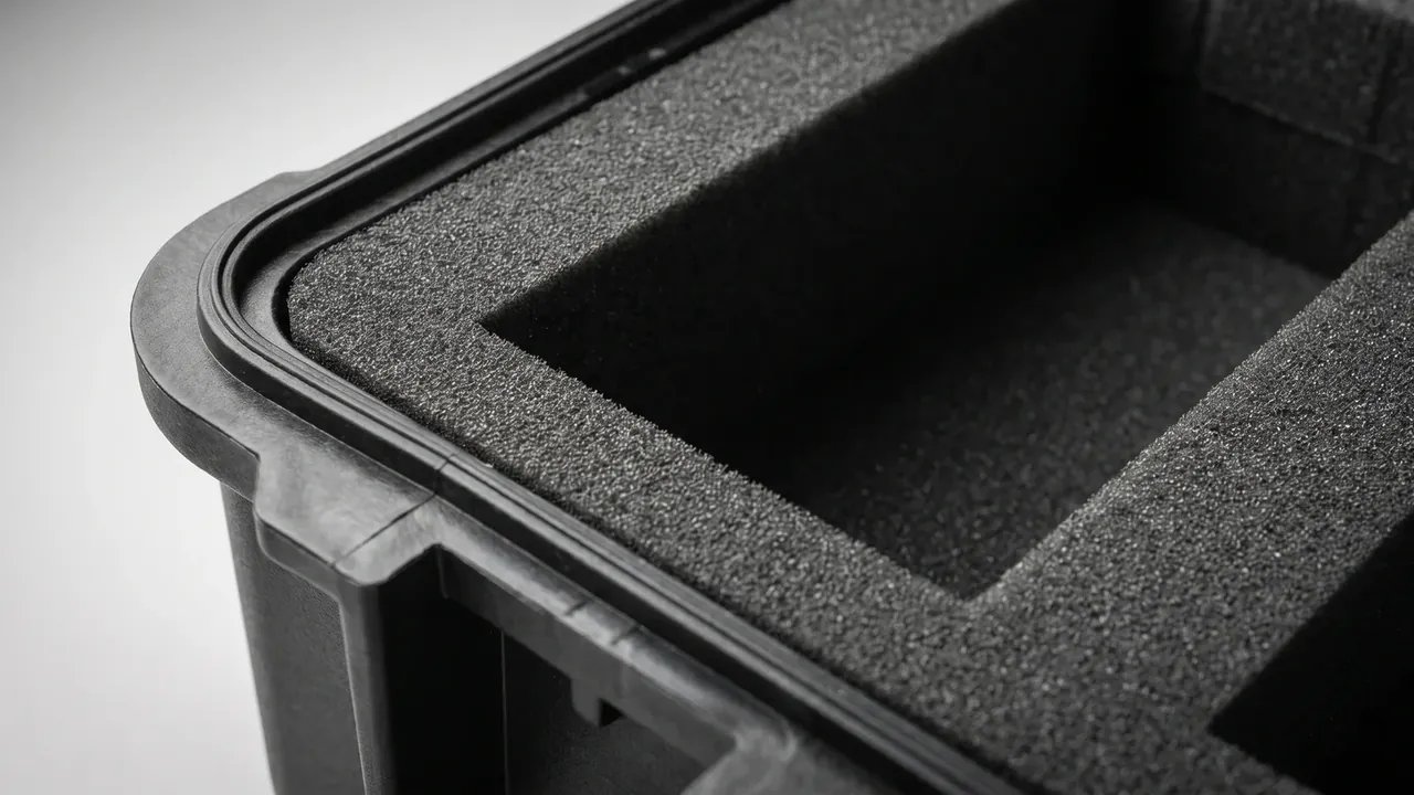 B2B sourcing plastic protective boxes: close view of a black case corner, black seal seated in the rim groove, grey foam in a square recess