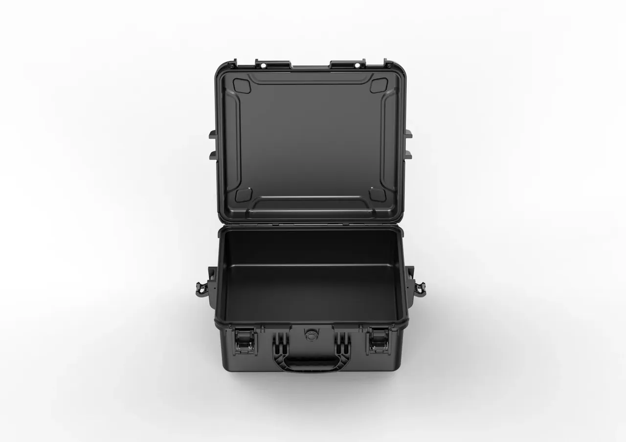 Black case open, front view, interior empty with no liner, ribs and four corner pads inside the lid, side latches swung outward