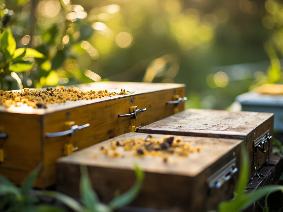 Beekeeping equipment cases of different materials side by side, including injection, rotomolded and wooden