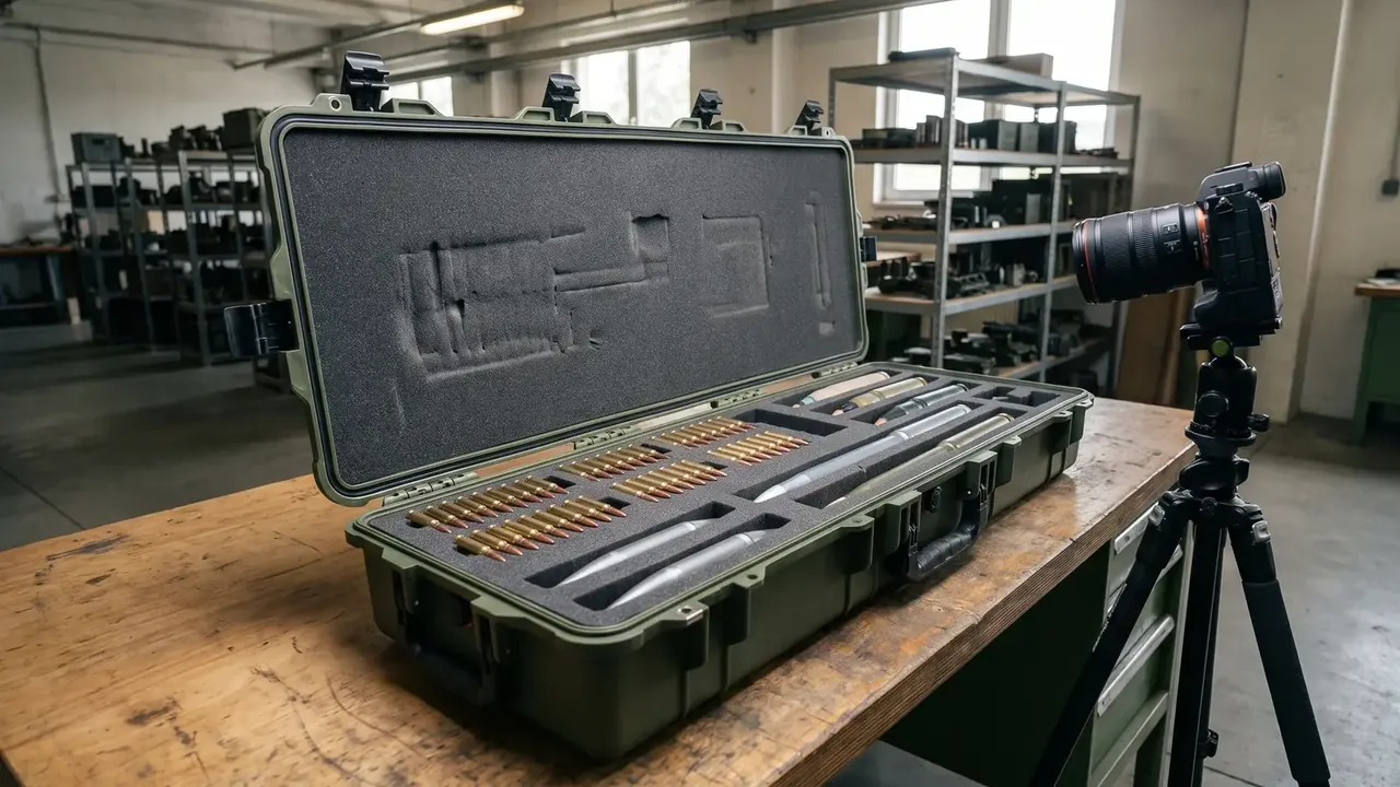 Box, Ammunition Stowage: an olive green case open on a workbench, egg-crate foam in the lid, cartridges in cut foam, four black latches