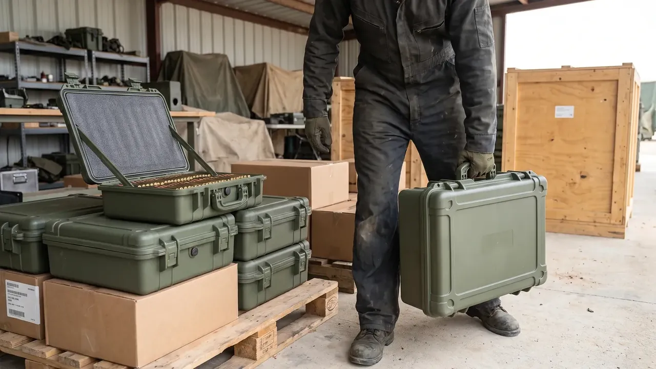 Box, Ammunition Stowage: worker in coveralls lifting an olive case, four cases stacked on a pallet, top one open with brass rounds