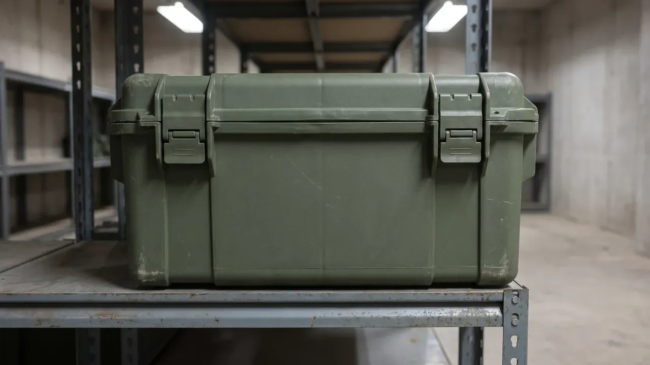 Box, Ammunition Stowage: closed olive case on a warehouse shelf, two black draw latches, moulded ribs on lid and body, scuffed corners, racking behind