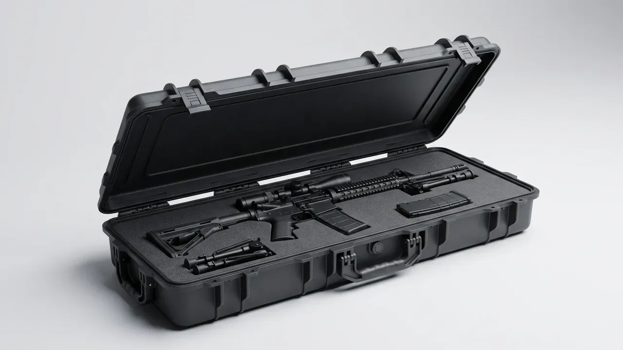 Box, Ammunition Stowage: a black hard case open on a white background, foam cut for a rifle and magazine, flat foam in the lid
