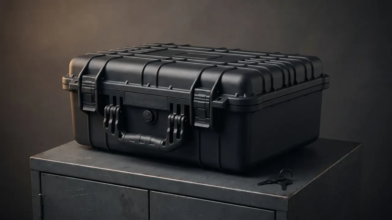 Box, Packing, Ammunition: a closed black case on a dark steel cabinet, two wide latches over a folding handle, round relief valve, keys at right
