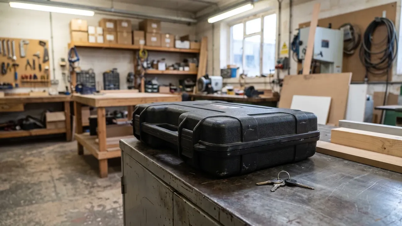 Box, Packing, Ammunition: closed black case on a steel bench in a woodworking shop, two keys by the handle, three-tier rack and tool board behind