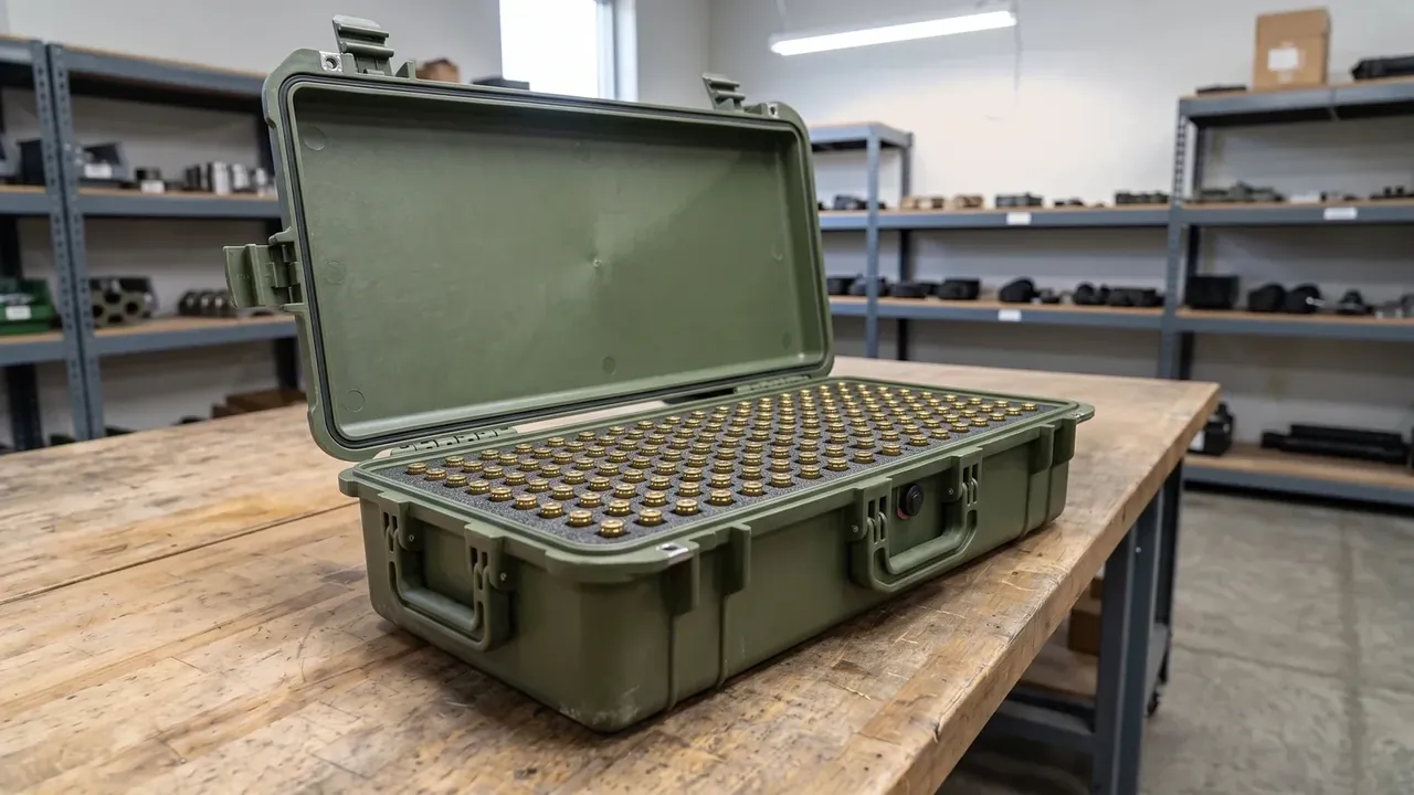 Box, Packing, Ammunition: an olive green case open on a wooden bench, brass cartridges in a grid tray, two catches, grey shelving behind