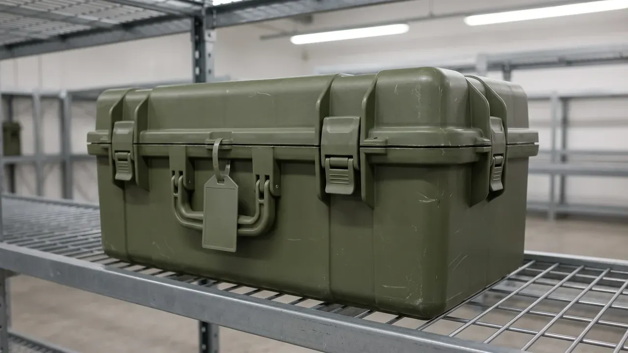 Box, Packing, Ammunition: an olive green case on a galvanised mesh shelf, folding handle with a blank tag, four catches, scratched surface, warehouse racking