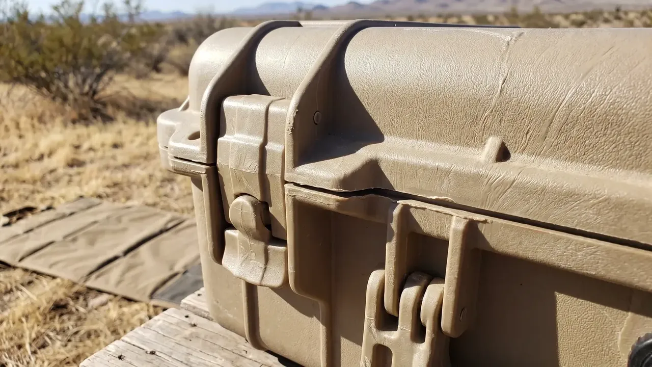 Box, Packing, Ammunition: sand-coloured hard case in scrub desert, two matching cam latches, scuffed and scratched shell, timber pallet beneath, dry grass behind