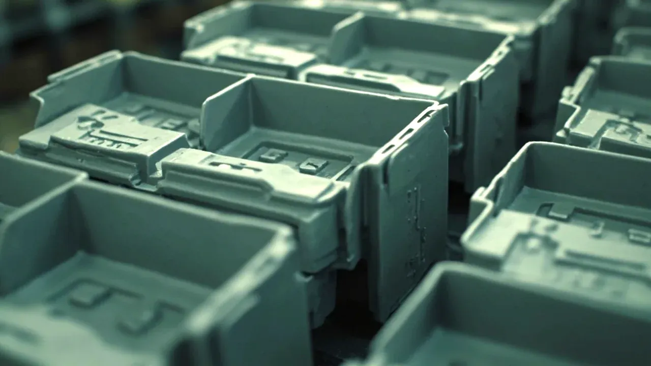 Close-up of top recesses engaging the bosses of another box