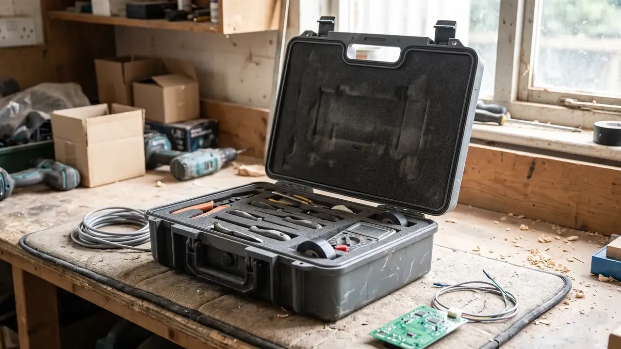 Boxes, Small Arms Ammunition: grey case open on a woodworking bench, upright lid, foam slots holding spanners and a multimeter, coiled cable