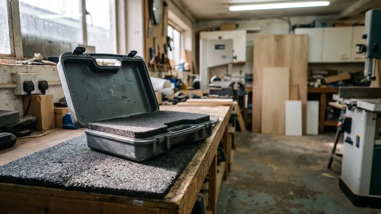 Boxes, Small Arms Ammunition: grey case open on a workshop bench, lid upright, empty liner, thick foam block in the base, band saw behind