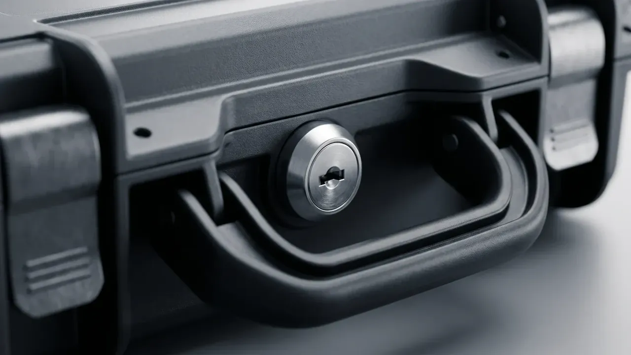 Boxes, Small Arms Ammunition: close-up of a grey case latch zone, round stainless key lock set in a dark recess, textured black catches either side