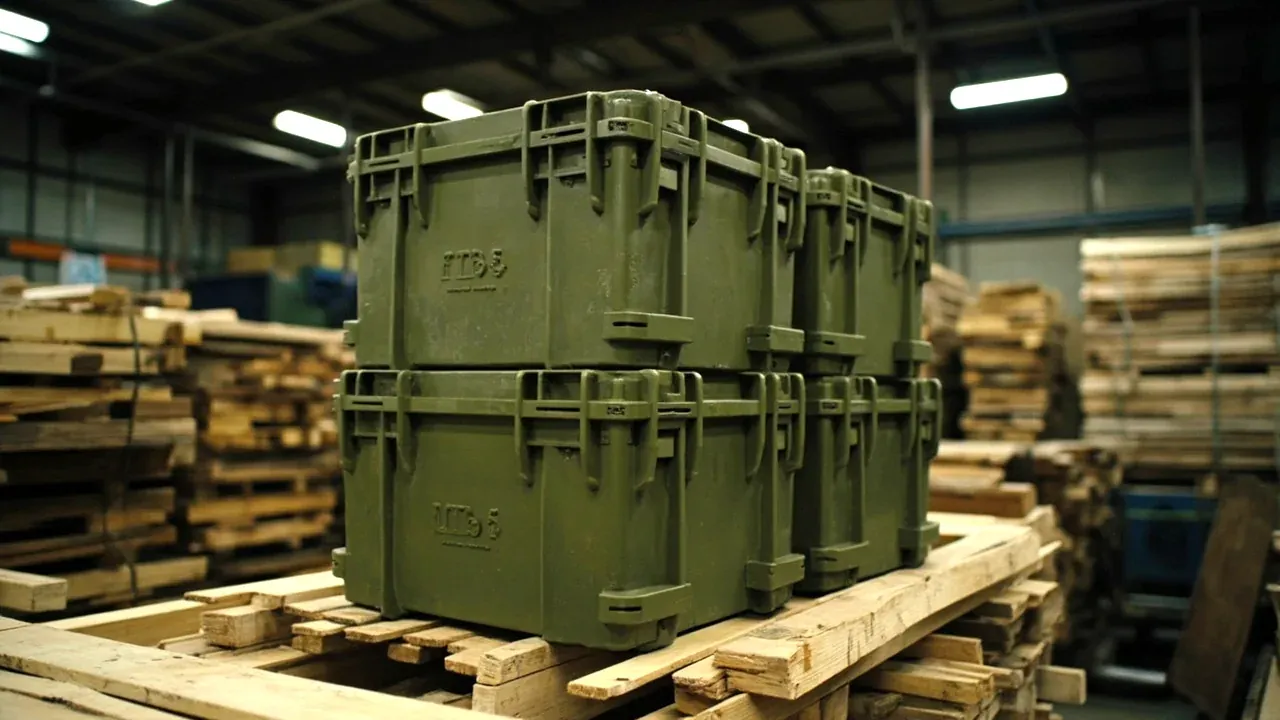 Three cases stacked on dunnage under a shelter