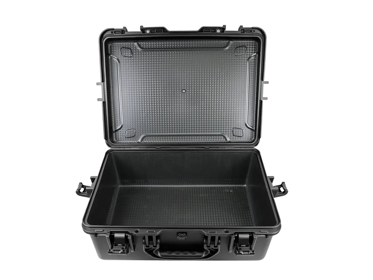 The case open and facing front, a diamond-pattern face inside the lid above a plain deep base, two latches and the handle at the front