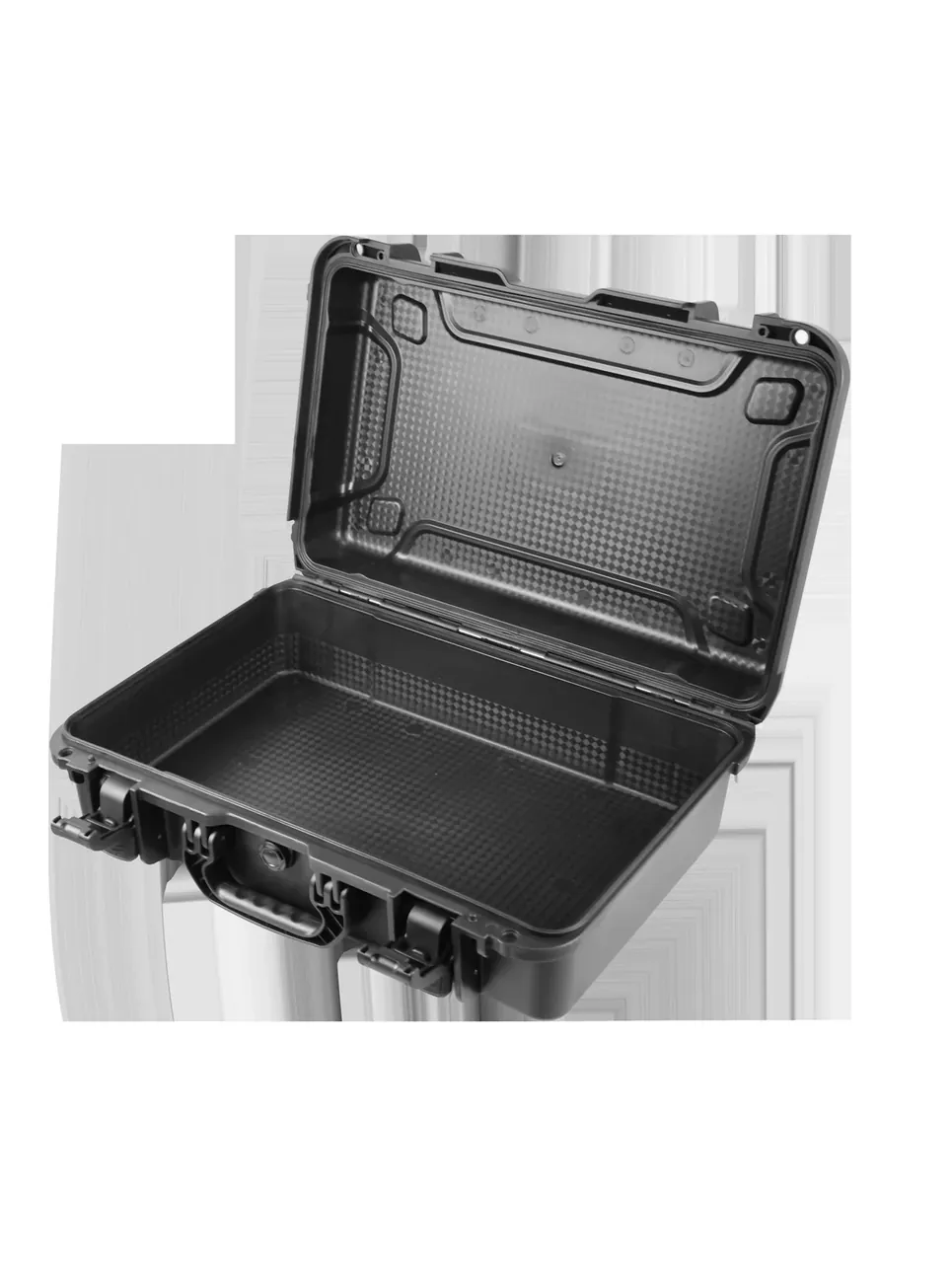 The case open at an angle, plain moulded interior below and a checker-pattern face inside the lid