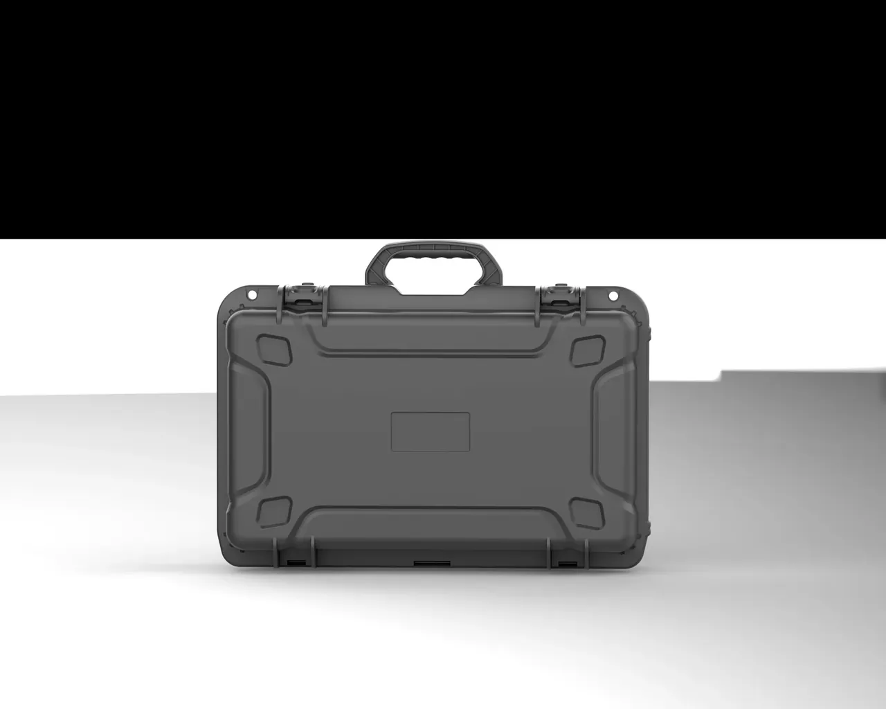 A smaller case in the same family, front view, handle raised, square recesses at the lid corners