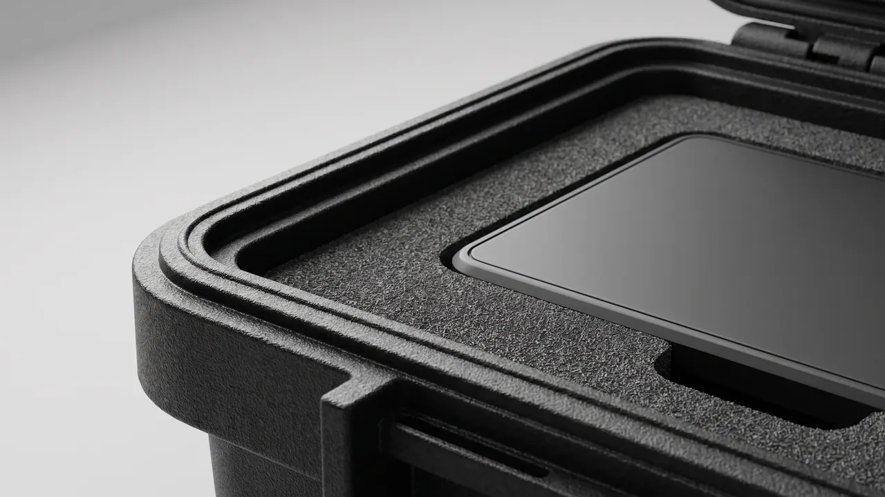 Camera case corner close-up, black rim with two stepped sealing lips, textured foam cut square holding a flat black device