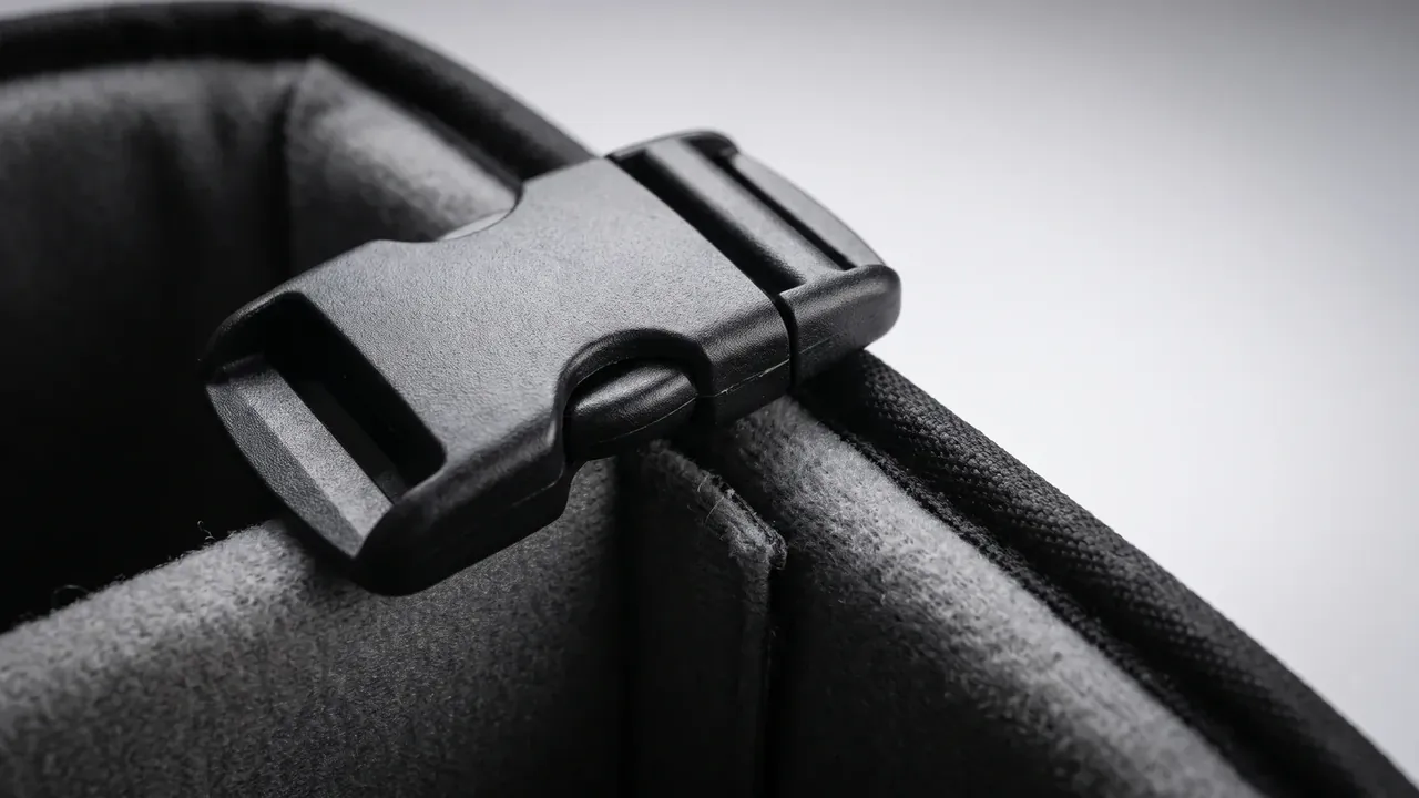 Camera equipment plastic hard case: black side-release buckle closed on a grey fleece divider, matte body with a seam line and stitched edging