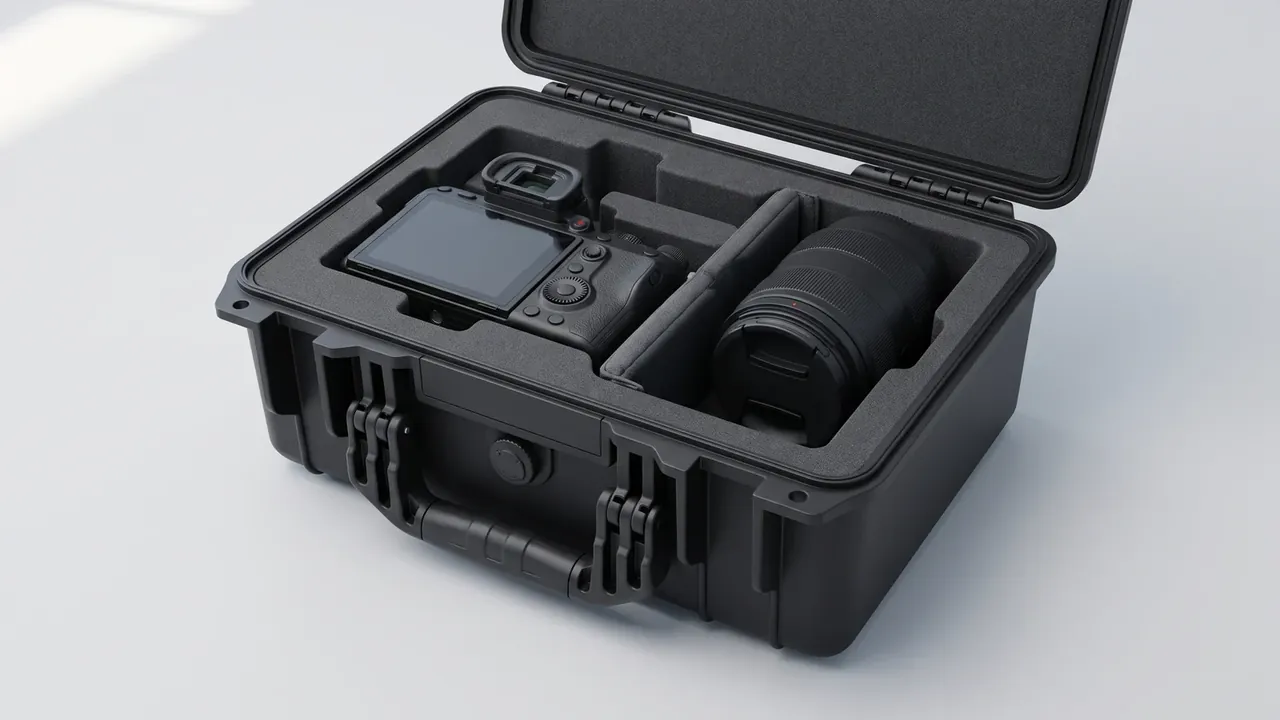 Camera equipment plastic hard case: black case open, egg-crate lid foam, a mirrorless body left, a zoom lens standing right, two latches and folding handle