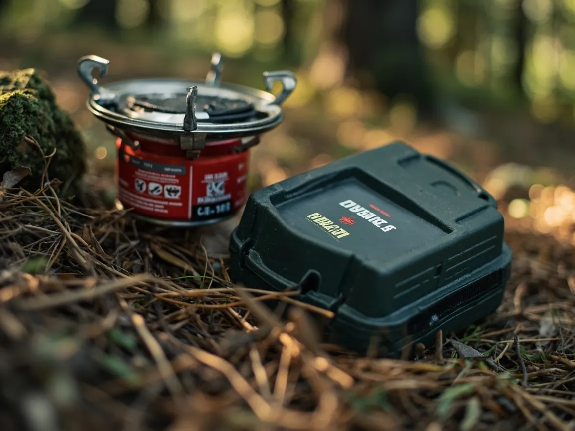 Multiple camping cookware cases arranged on shelving