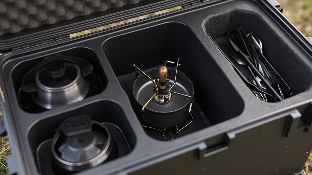 Molded foam compartments for a stove, pots and utensils in a case Molded foam compartments for a stove, pots and utensils in a case