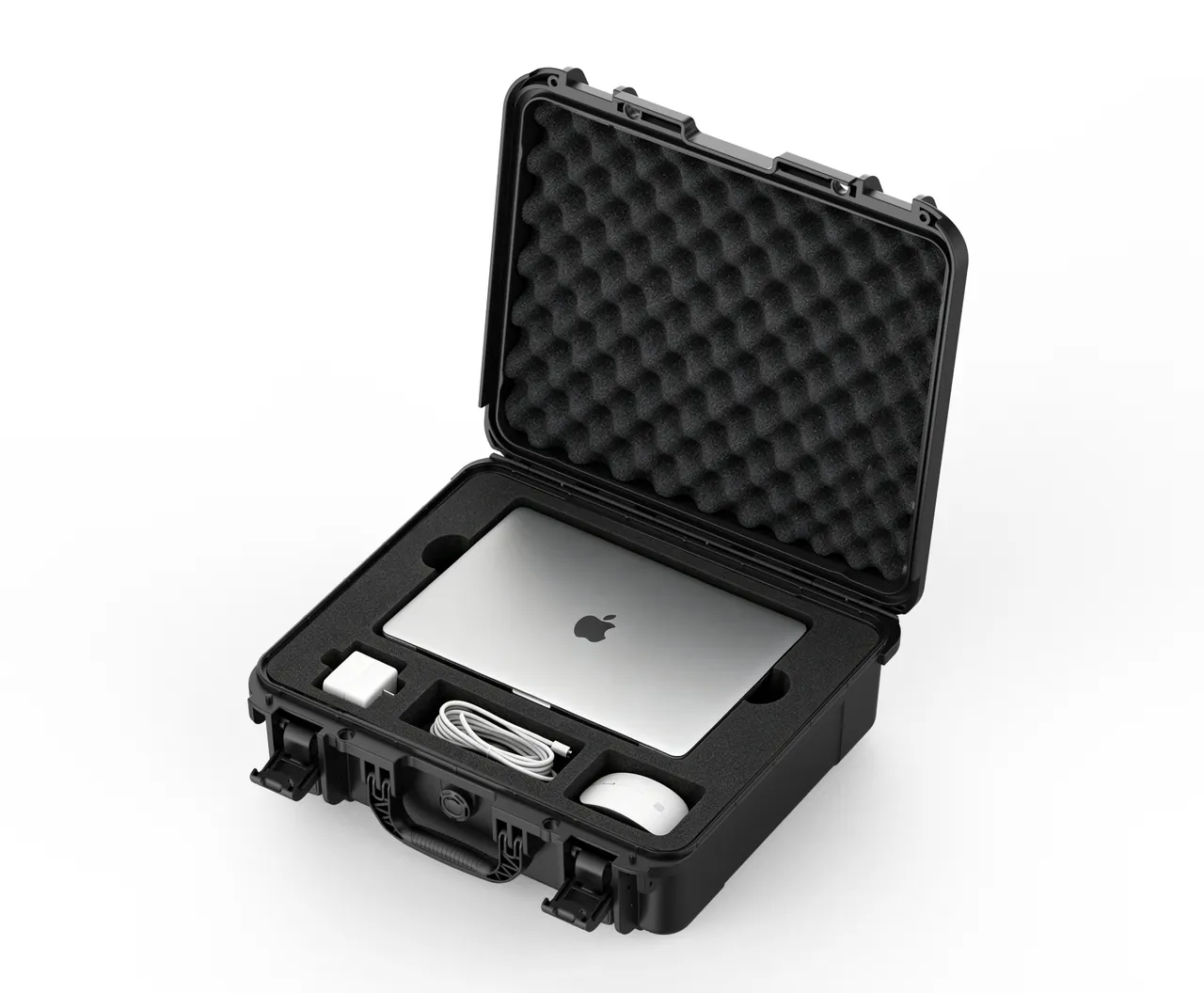 Tools and hard equipment positioned by clips inside an on-board accessory case, heavy items near the case bottom with soft cushioning layers