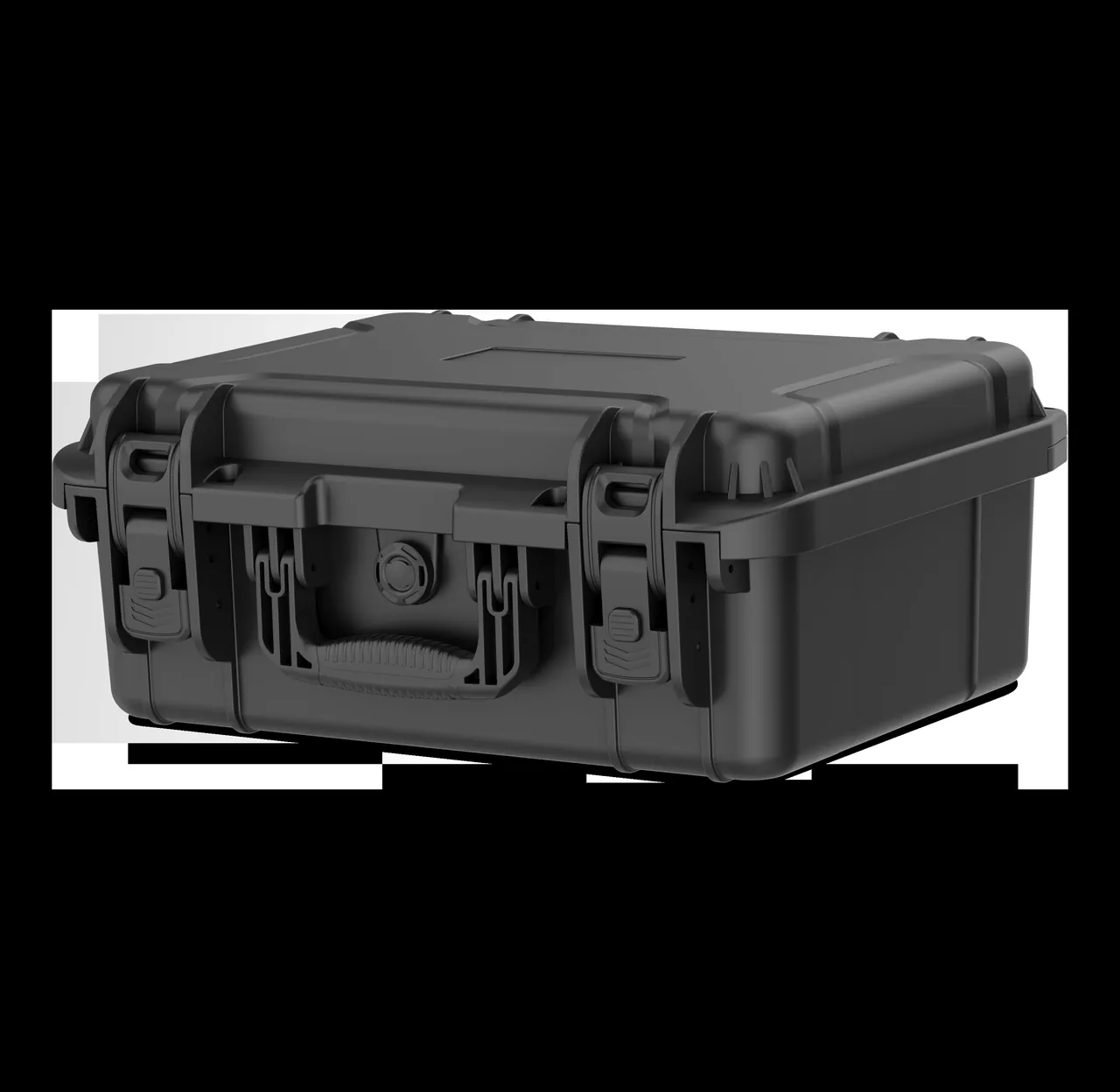 Stacked modular cases with interlocking locator structures secured by cross-tied straps in a vehicle storage bay