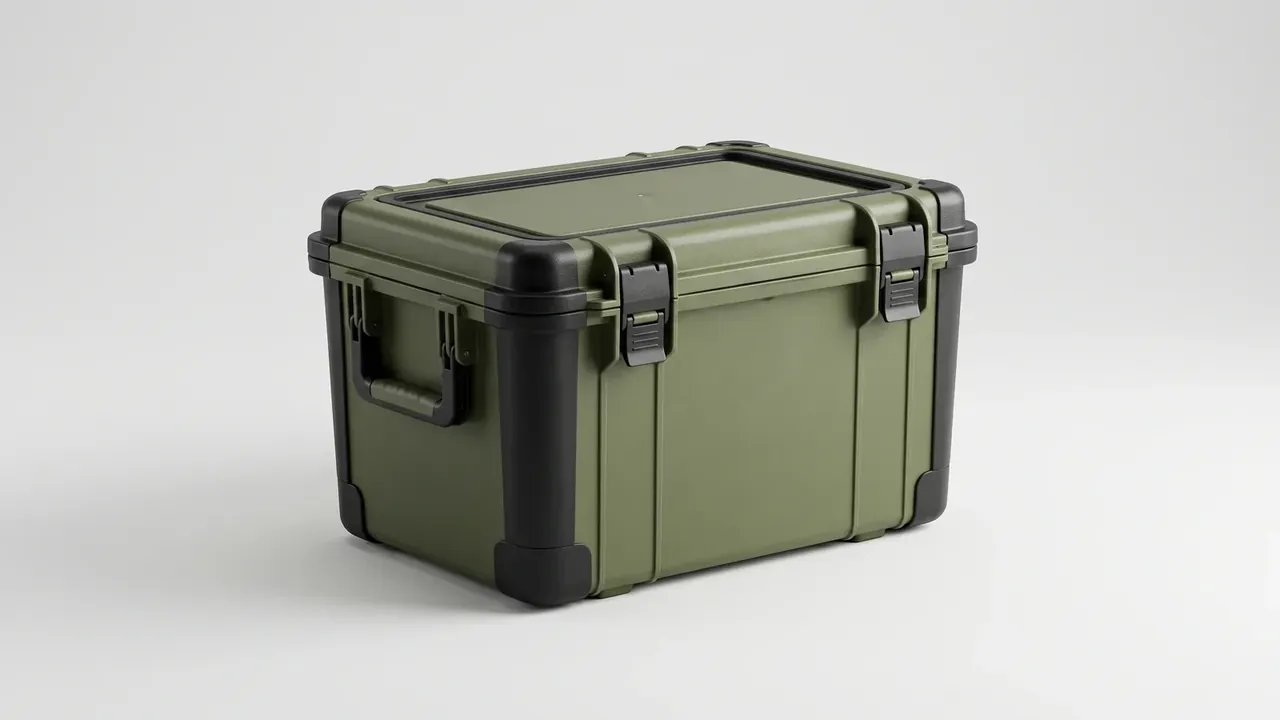 Camping Storage Box: olive green case on white, black corner caps at four corners, recessed rectangle in the lid, two black latches
