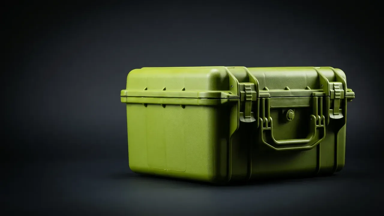 Camping Storage Box: olive green case in side view, one large folding handle on the wall, a round valve beside it, seal line at the joint