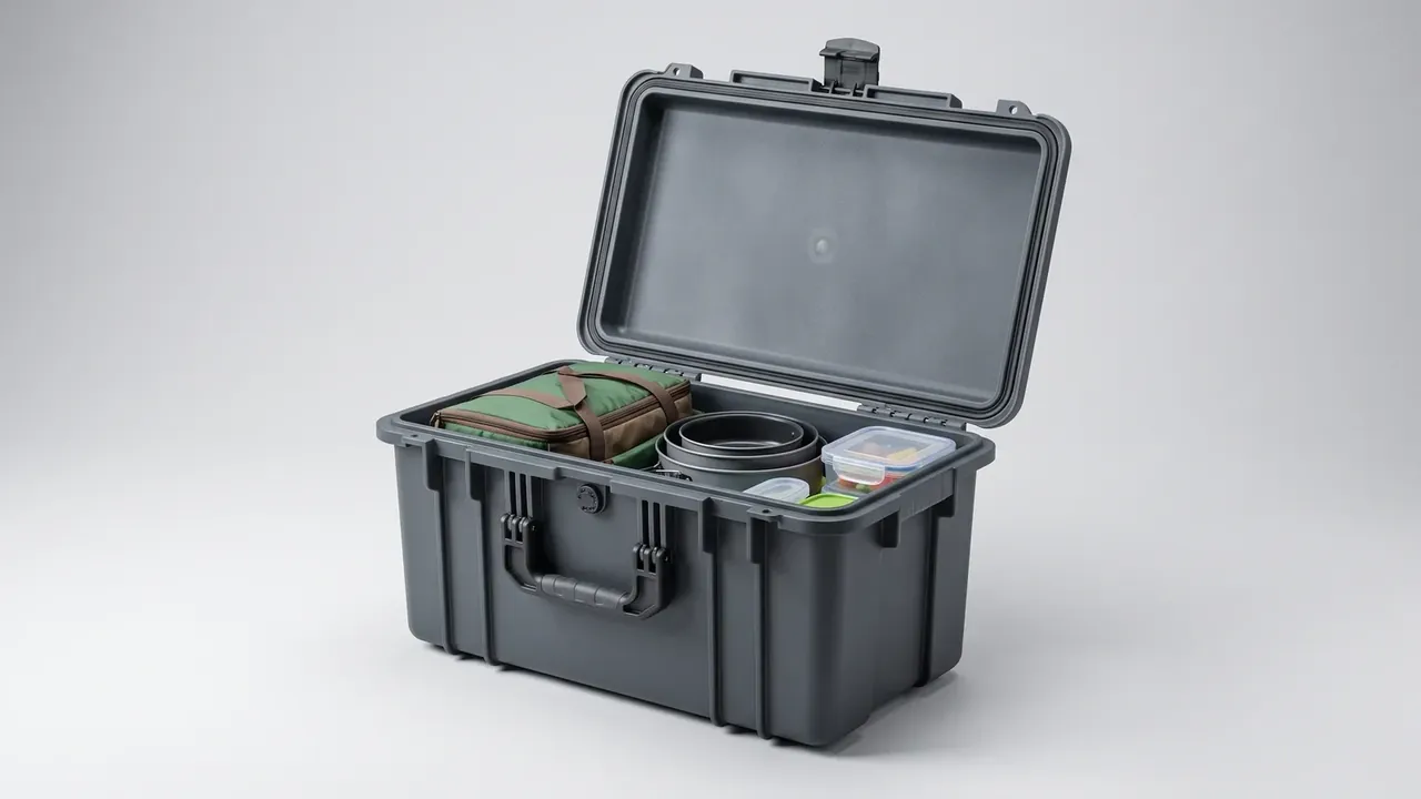Camping Storage Box: dark grey case open on white, black gasket around the lid, round pressure valve left of the folding handle
