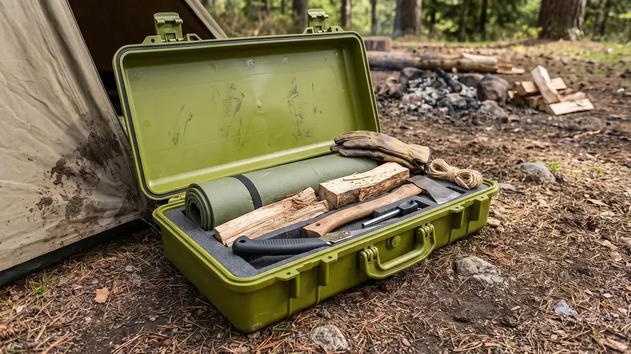 Camping Storage Box: olive green case open at camp, round moulded dimples inside the lid, two green latches at the front edge