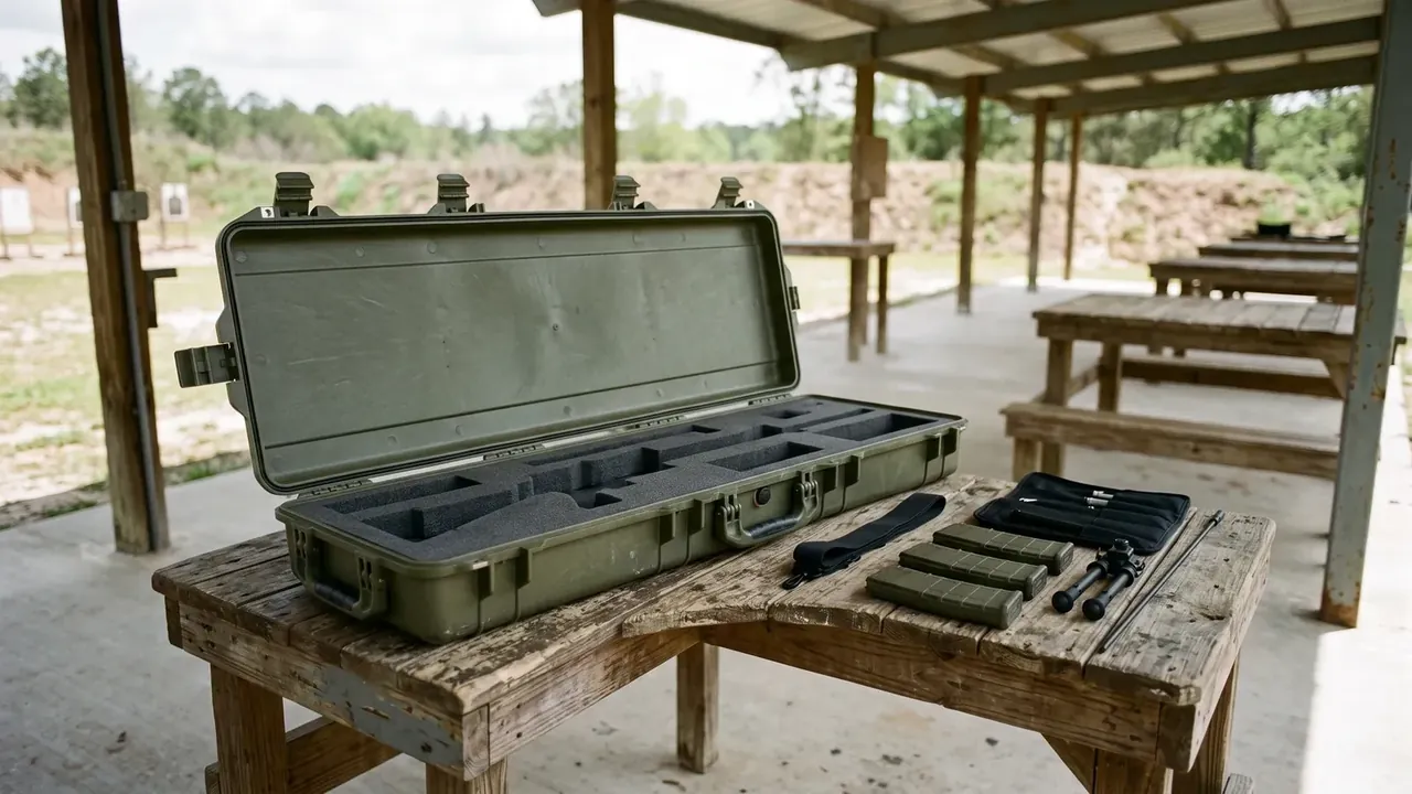 Cartridge Box: olive green long case open on a wooden bench under a range shelter, foam cells inside, magazines and tools beside it, targets beyond