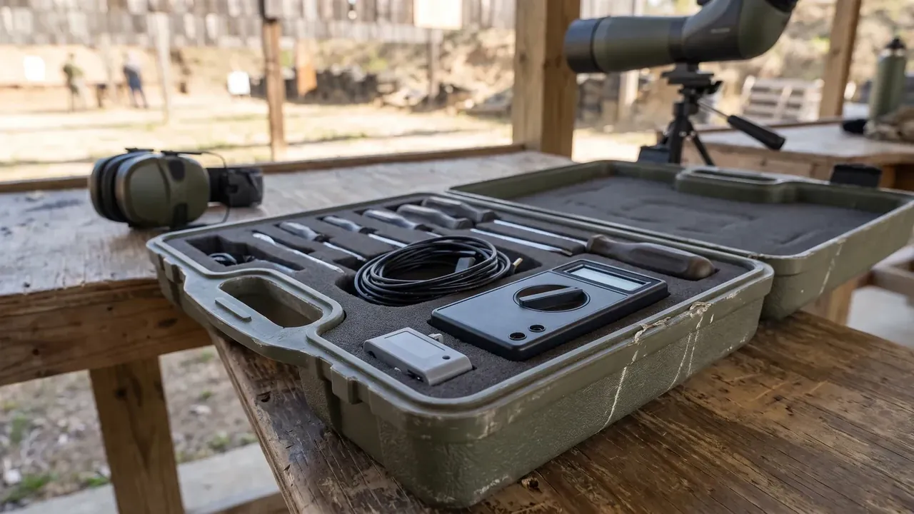 Cartridge Box: olive green case open on a wooden table, chronograph, cable and screwdriver set in foam cut-outs, ear defenders and a scope beside