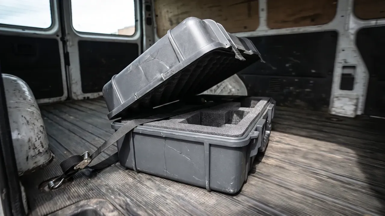 Cartridge Box: grey case half open in a van, egg-crate foam in the lid, cut foam in the cavity, strap looped to a floor ring
