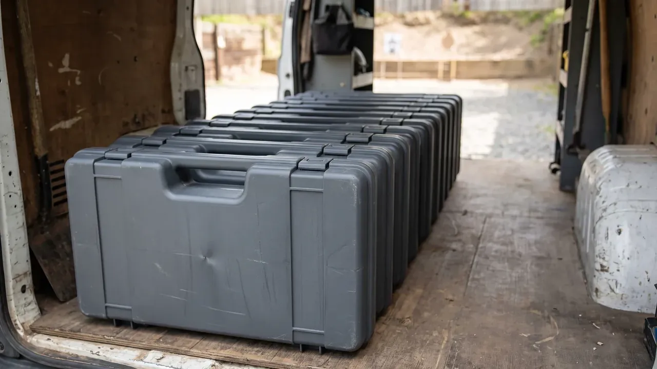 Cartridge Box: six grey cases in a row on a van floor, lids up and handles recessed, white side panels, gravel yard beyond