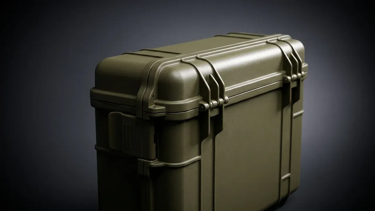 Cartridge box from a raised three-quarter angle, two latches along the front rim, thickened corner guards and horizontal ribs, dark studio backdrop