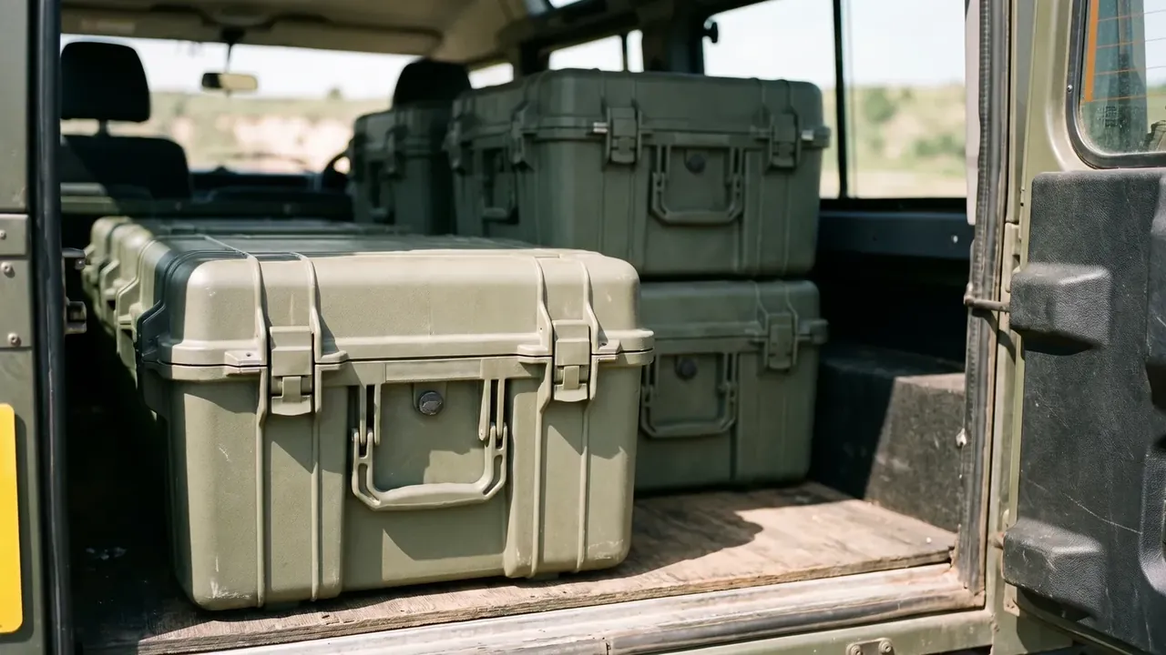 Three cartridge boxes in a vehicle cargo bay, one flat on the wooden floor, two stacked behind, latches facing out, seats and windows visible