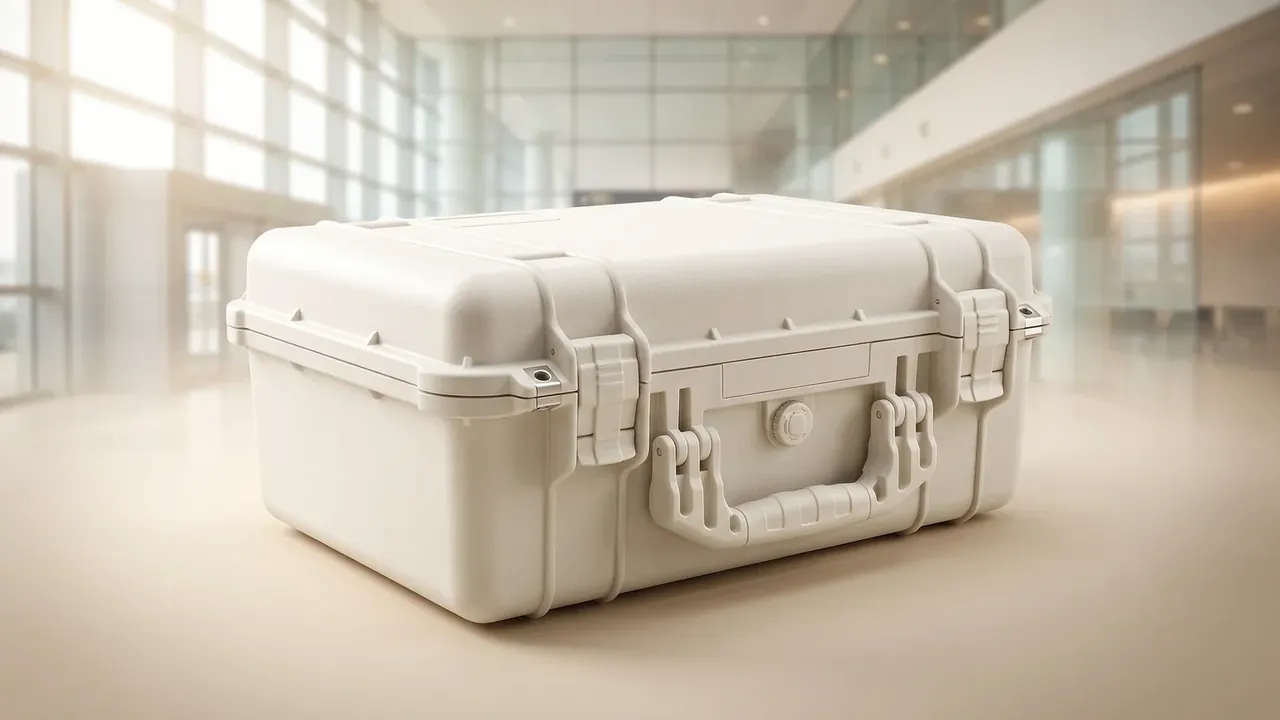 Cartridge Box: cream case closed on pale floor, ribs and a round pressure valve on the lid, two latches gripping the handle, glass-walled showroom behind