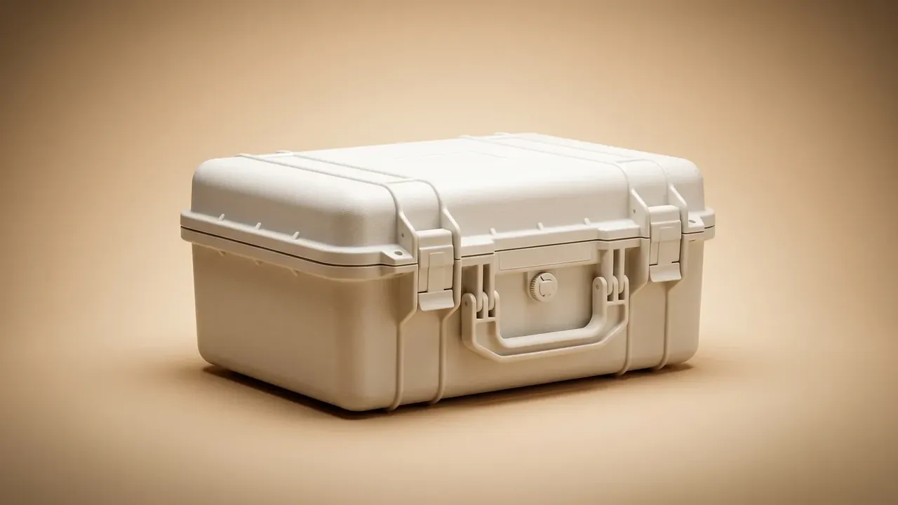 Cartridge box: cream rotomoulded case closed on a beige backdrop, two front latches with a round knob between them, folding handle and raised lid rim