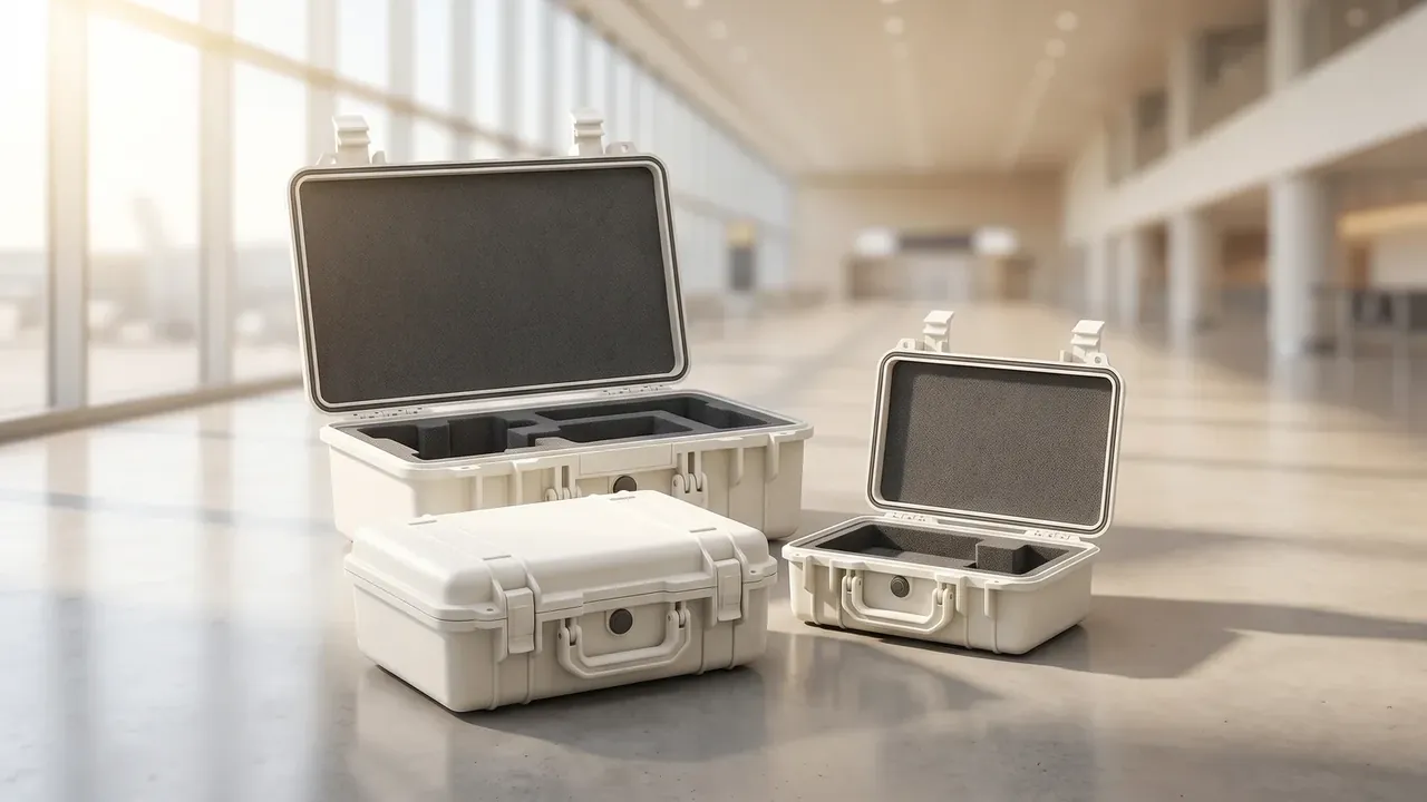 Cartridge box: three cream cases in a bright hall, the large left case open with black foam inserts, one closed in front, one open at right