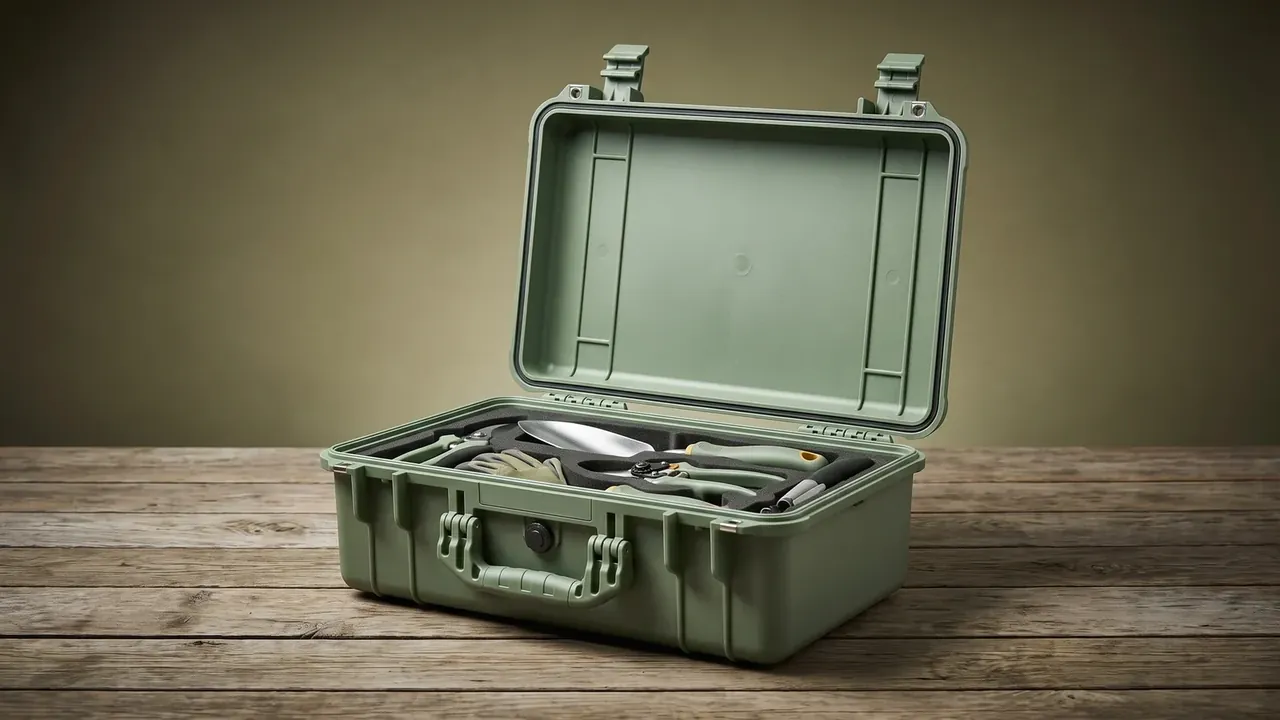 Cartridge storage box: olive-green case open on wood planks, two vertical ribs inside the lid, grey foam holding tools, one lock bore and two latches