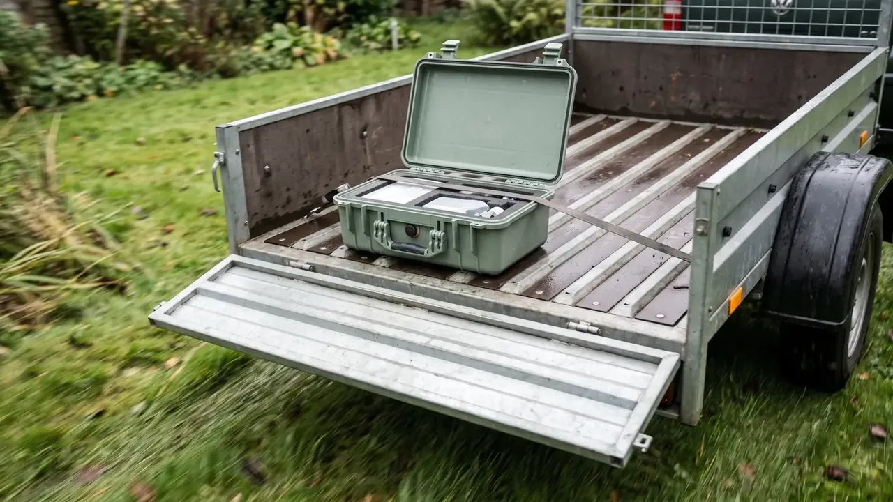 Cartridge storage box: olive-green case open inside a small trailer, ribbed steel bed, white foam in two sections, one strap across the body