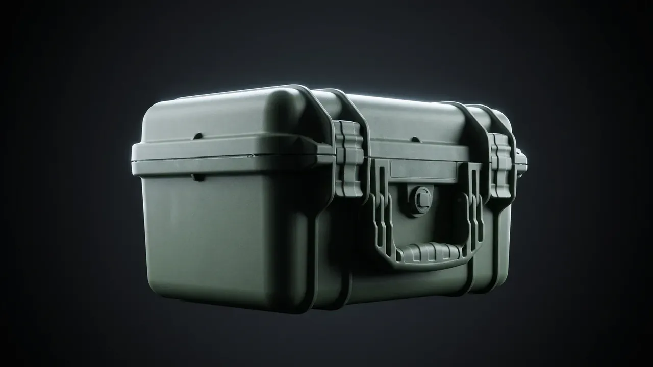 Cartridge storage box: closed olive-green case against a dark backdrop, two black latches flanking a round-bore handle, reinforced corner bosses