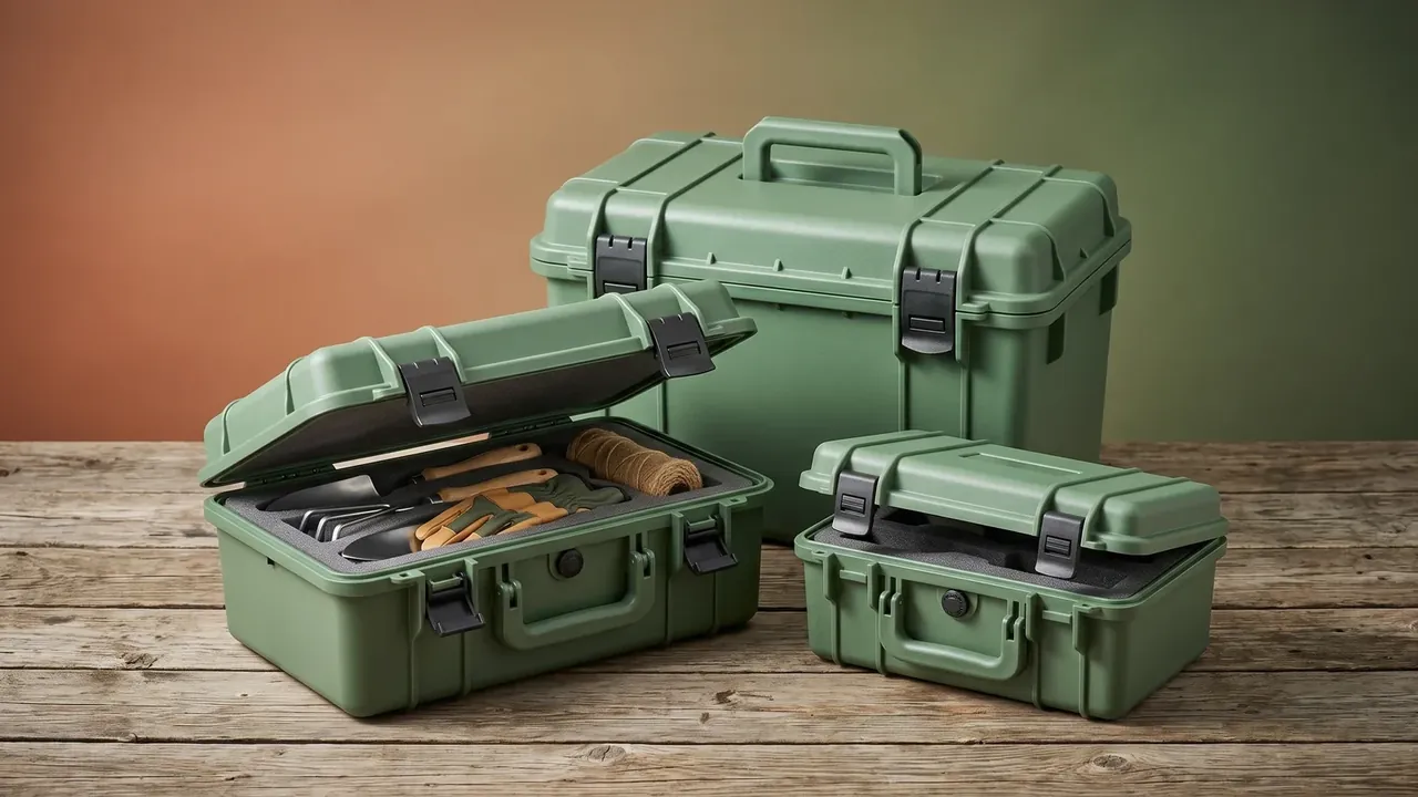 Cartridge storage box: three olive green cases on a timber bench, front one open showing grey foam cut-outs, one closed upright, one lying flat