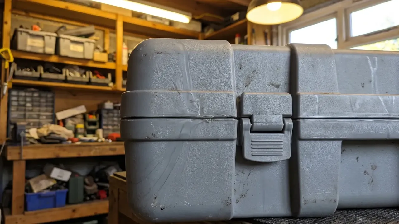 Cartridge Storage Box: front of a large grey case on a workshop bench, single centre latch closed, scuffed matte walls, parts bins on shelves behind