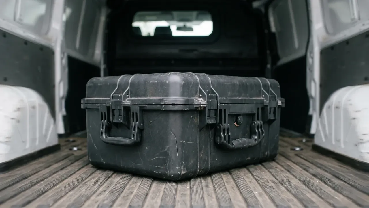Cartridge storage box: closed black rotomolded case on a van floor, two push latches at the front, folding handles at both ends