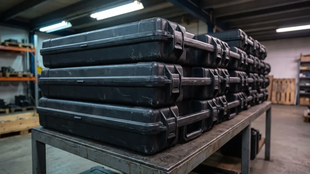 Cartridge storage box: three black cases stacked on a steel bench, latches in a row along the lid edge, cases on a rack behind
