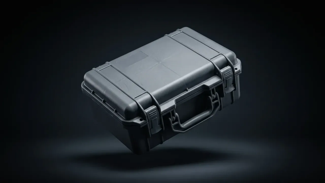 Cartridge Storage Box: dark grey case tilted against a black backdrop, two black latches side by side at the front, wide handle at the right